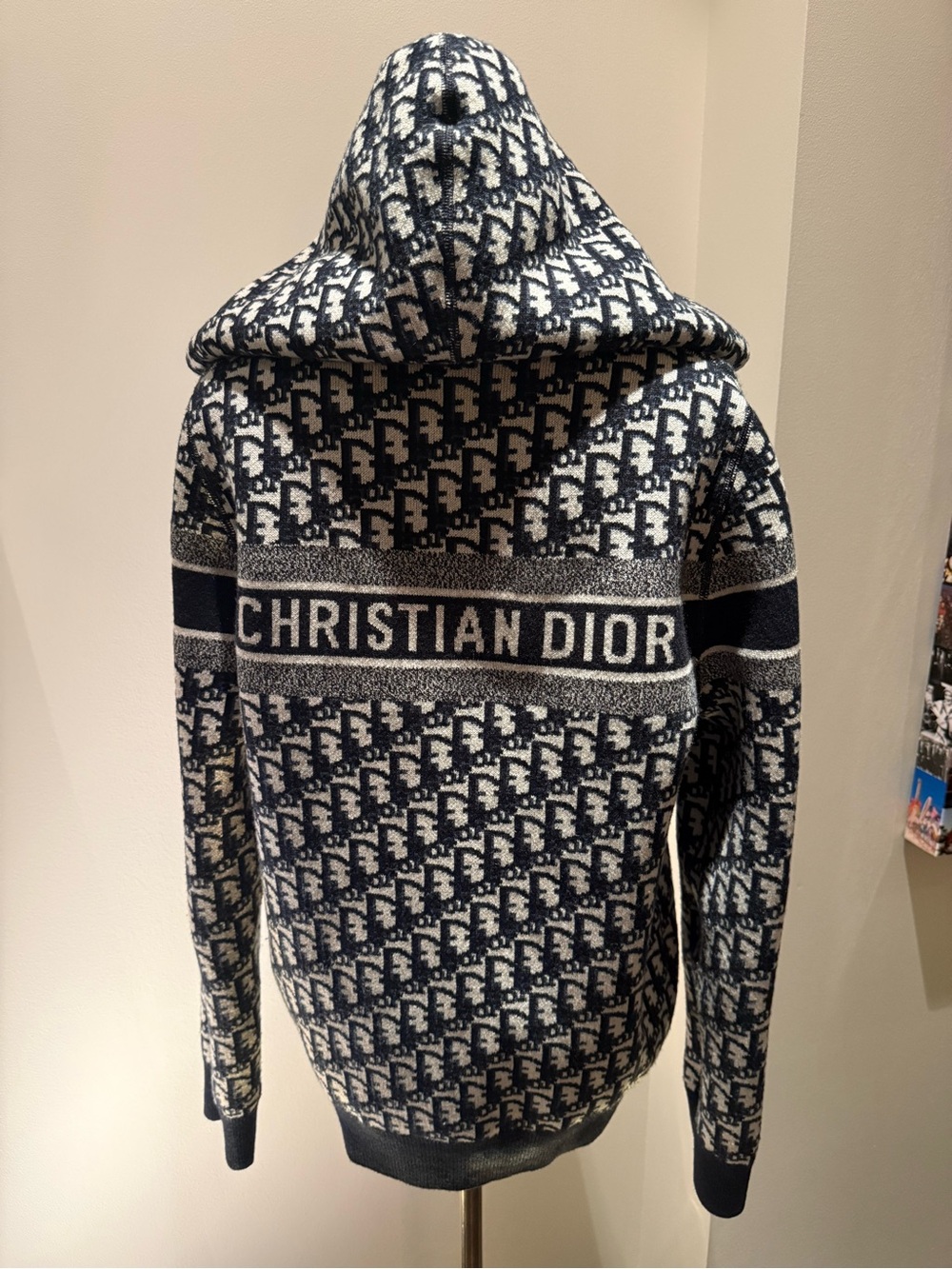 Authentic Dior Hooded cashmere Sweater in Navy and White Monogram